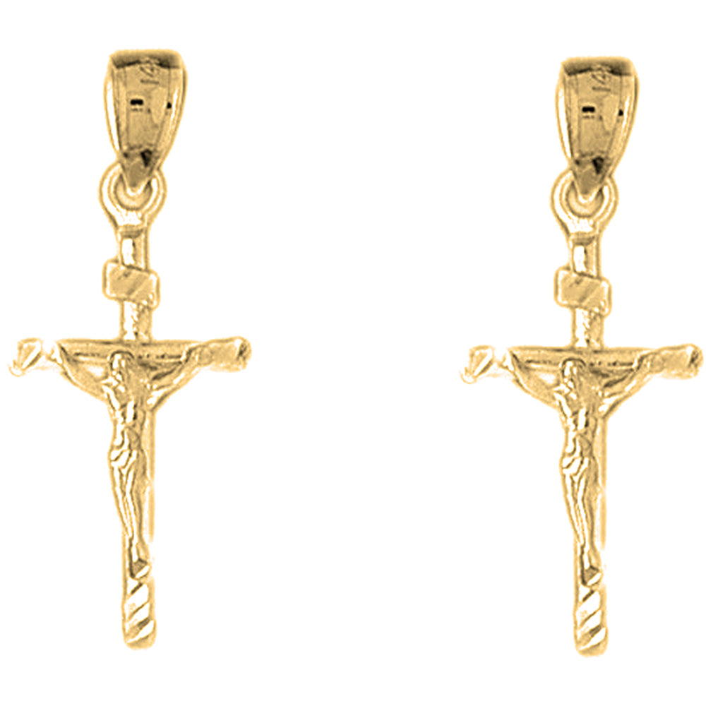 Yellow Gold-plated Silver 30mm Hollow INRI Crucifix Earrings