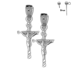 Sterling Silver 27mm Hollow INRI Crucifix Earrings (White or Yellow Gold Plated)