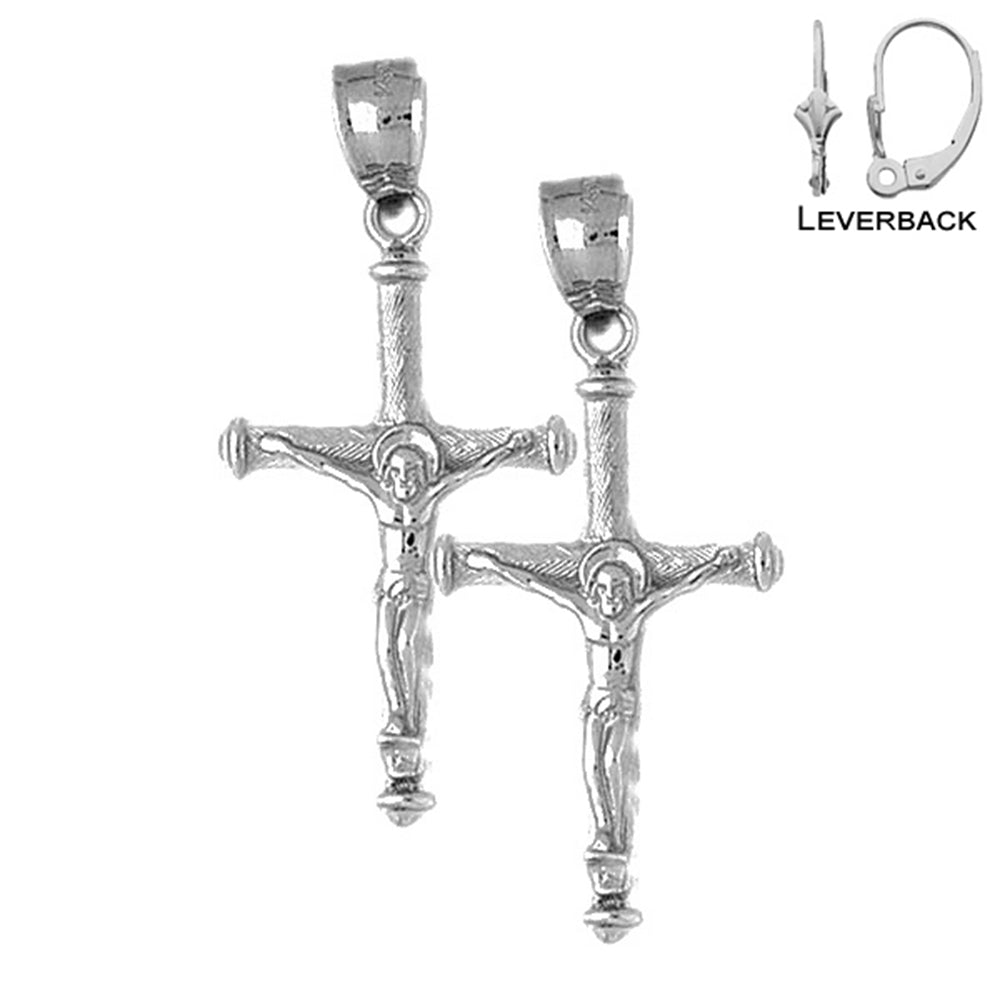 Sterling Silver 43mm Hollow Latin Crucifix Earrings (White or Yellow Gold Plated)