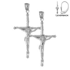 Sterling Silver 55mm Hollow Latin Crucifix Earrings (White or Yellow Gold Plated)