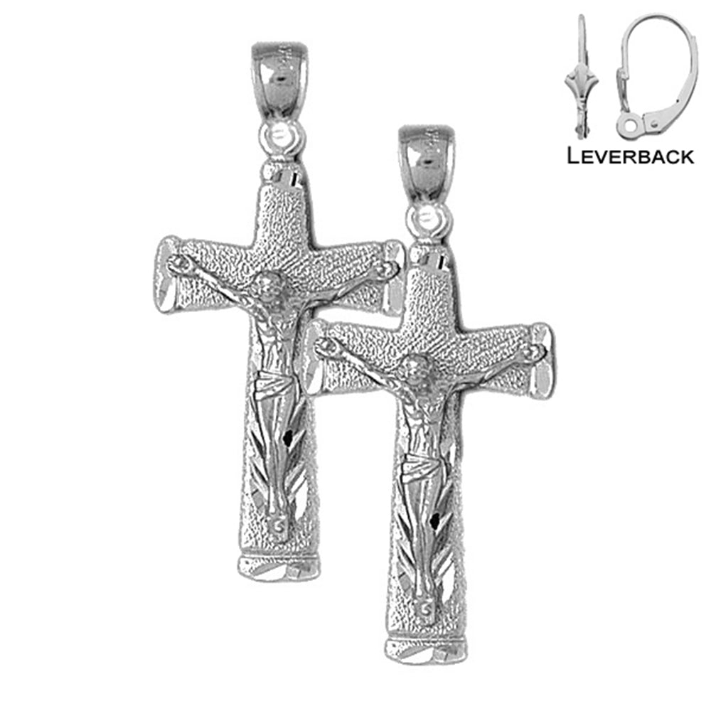 Sterling Silver 43mm Latin Crucifix Earrings (White or Yellow Gold Plated)