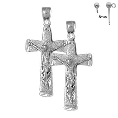 Pendientes de crucifijo latino de plata de ley de 43 mm (chapados en oro blanco o amarillo)