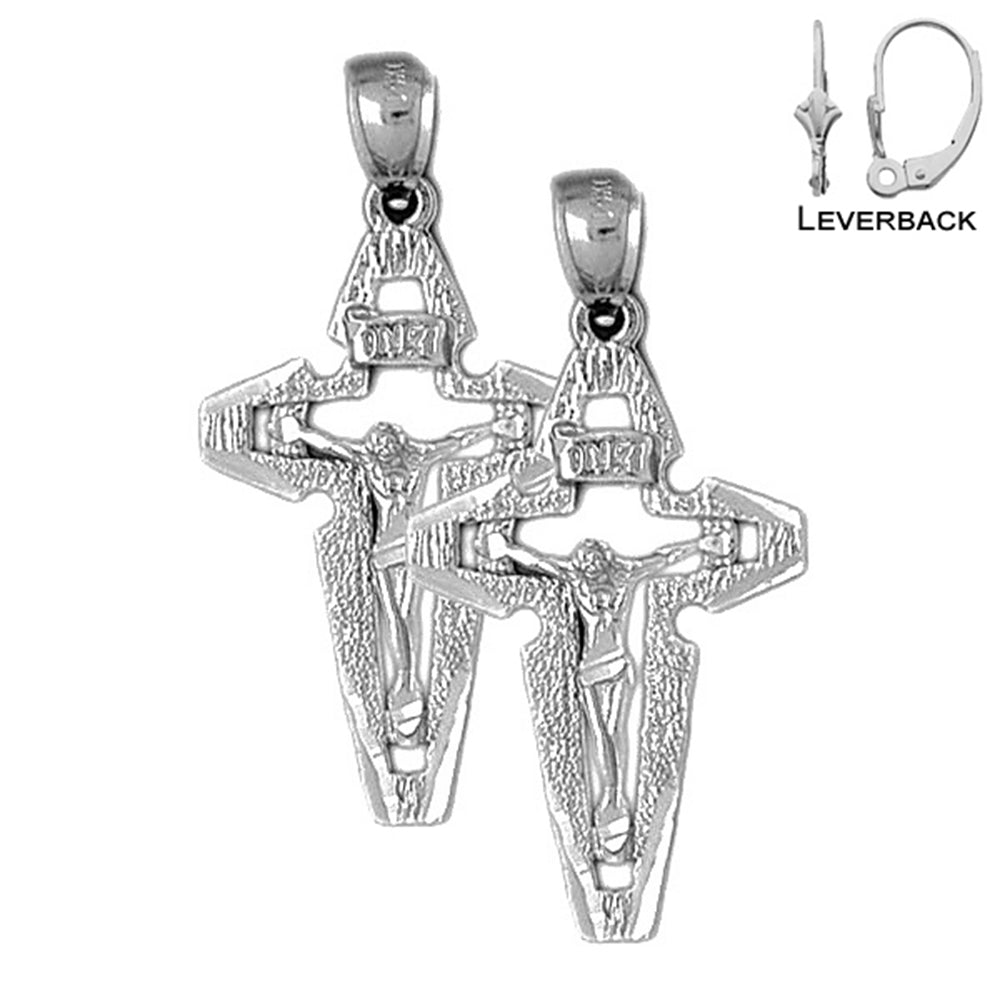Sterling Silver 39mm INRI Crucifix Earrings (White or Yellow Gold Plated)