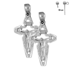 Sterling Silver 39mm INRI Crucifix Earrings (White or Yellow Gold Plated)