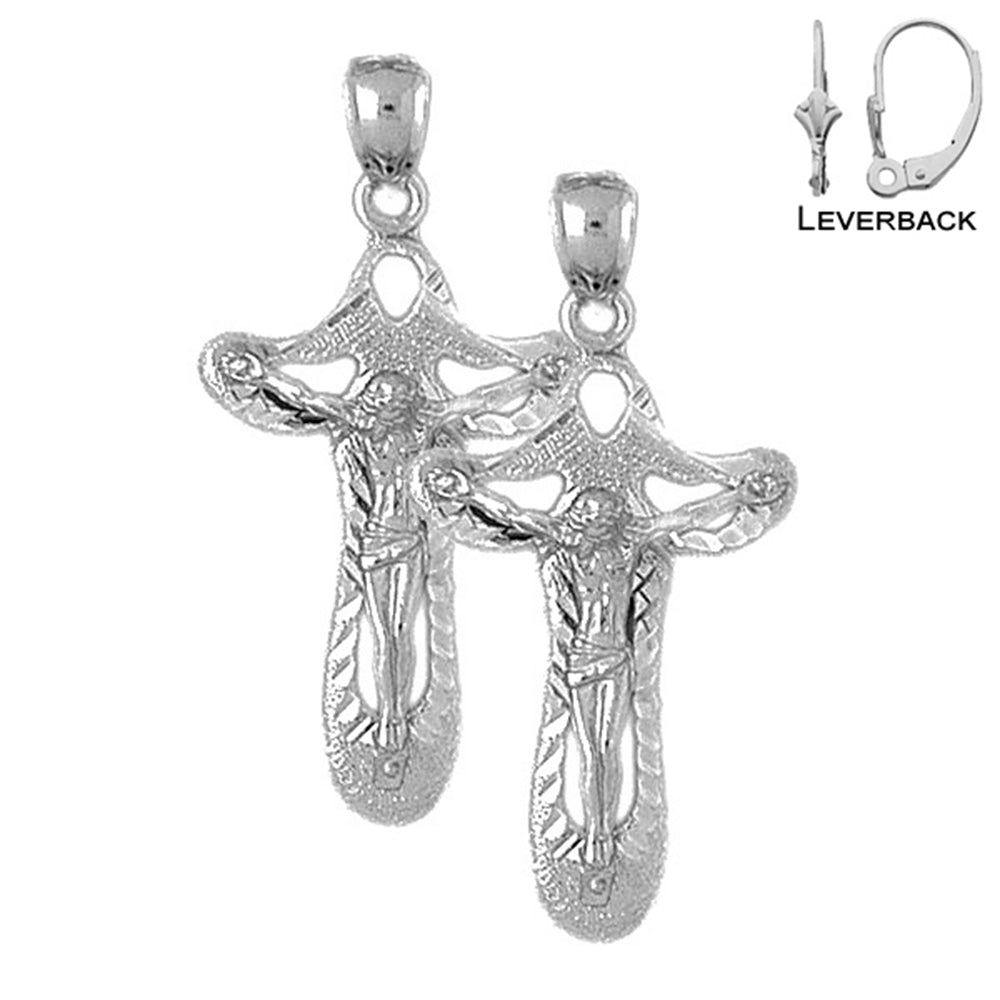 Sterling Silver 39mm Crucifix Earrings (White or Yellow Gold Plated)