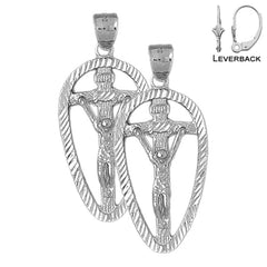 Sterling Silver 44mm INRI Crucifix Earrings (White or Yellow Gold Plated)