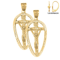 Sterling Silver 44mm INRI Crucifix Earrings (White or Yellow Gold Plated)