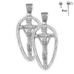 Sterling Silver 44mm INRI Crucifix Earrings (White or Yellow Gold Plated)