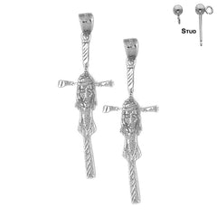 Sterling Silver 44mm Cross with Jesus Face Earrings (White or Yellow Gold Plated)