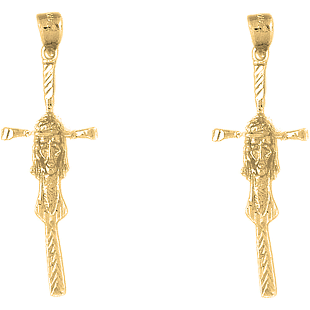 Yellow Gold-plated Silver 44mm Cross with Jesus Face Earrings