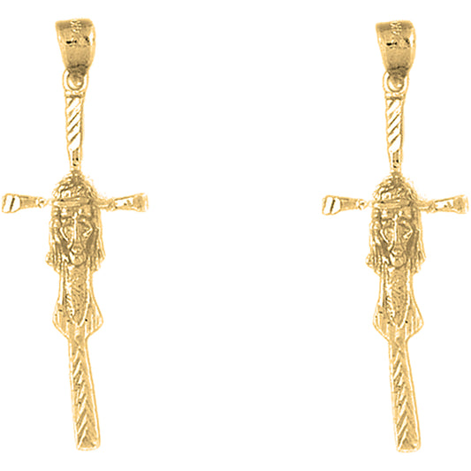 Yellow Gold-plated Silver 44mm Cross with Jesus Face Earrings