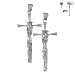 Sterling Silver 55mm Cross with Jesus Face Earrings (White or Yellow Gold Plated)