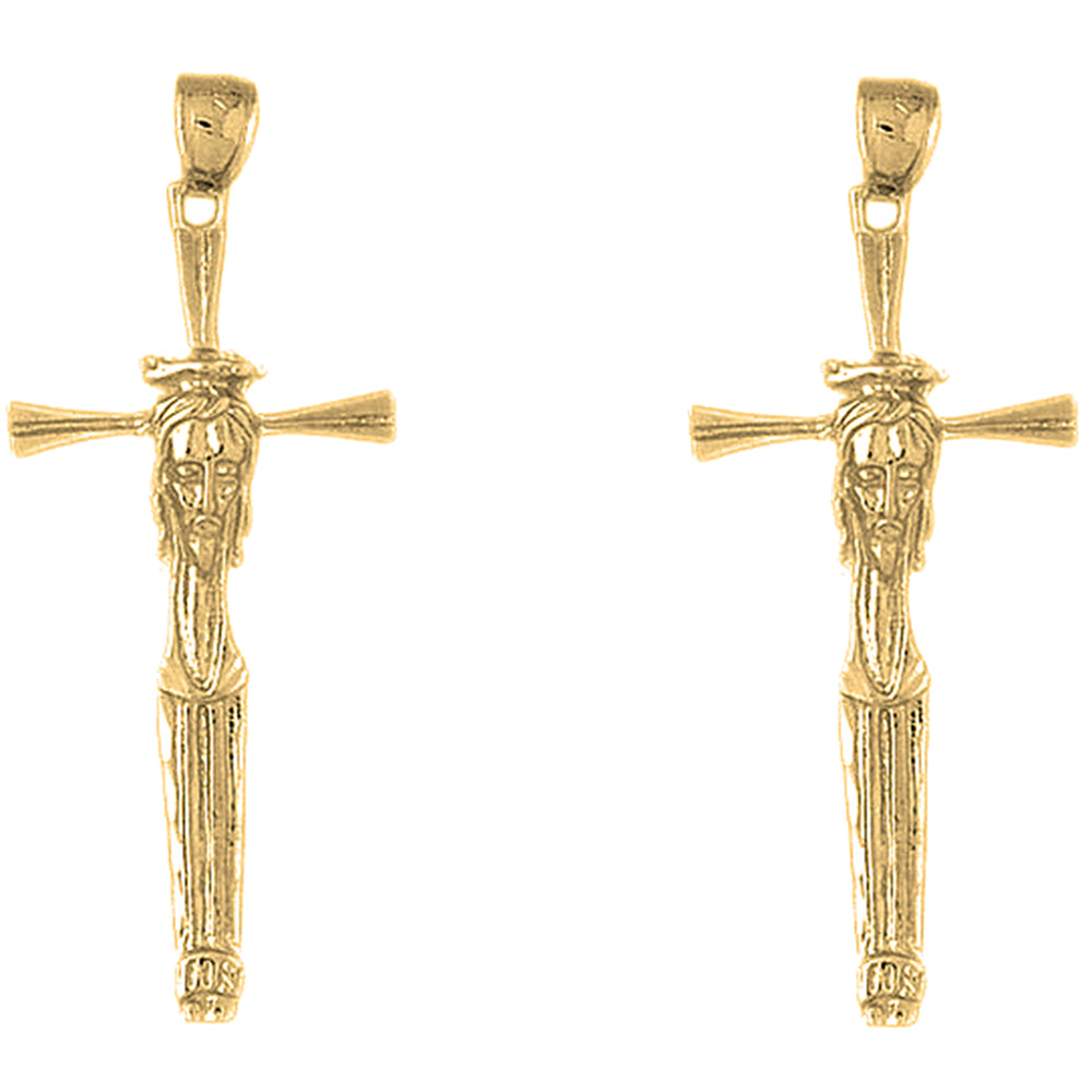 Yellow Gold-plated Silver 55mm Cross with Jesus Face Earrings