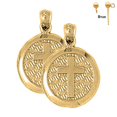 Pendientes circulares con cruz latina de plata de ley de 22 mm (chapados en oro blanco o amarillo)