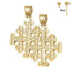Pendientes de plata de ley con cruz de Jerusalén de 25 mm (chapados en oro blanco o amarillo)