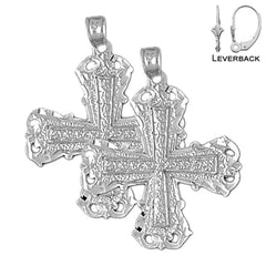 Sterling Silver 33mm Budded Cross Earrings (White or Yellow Gold Plated)