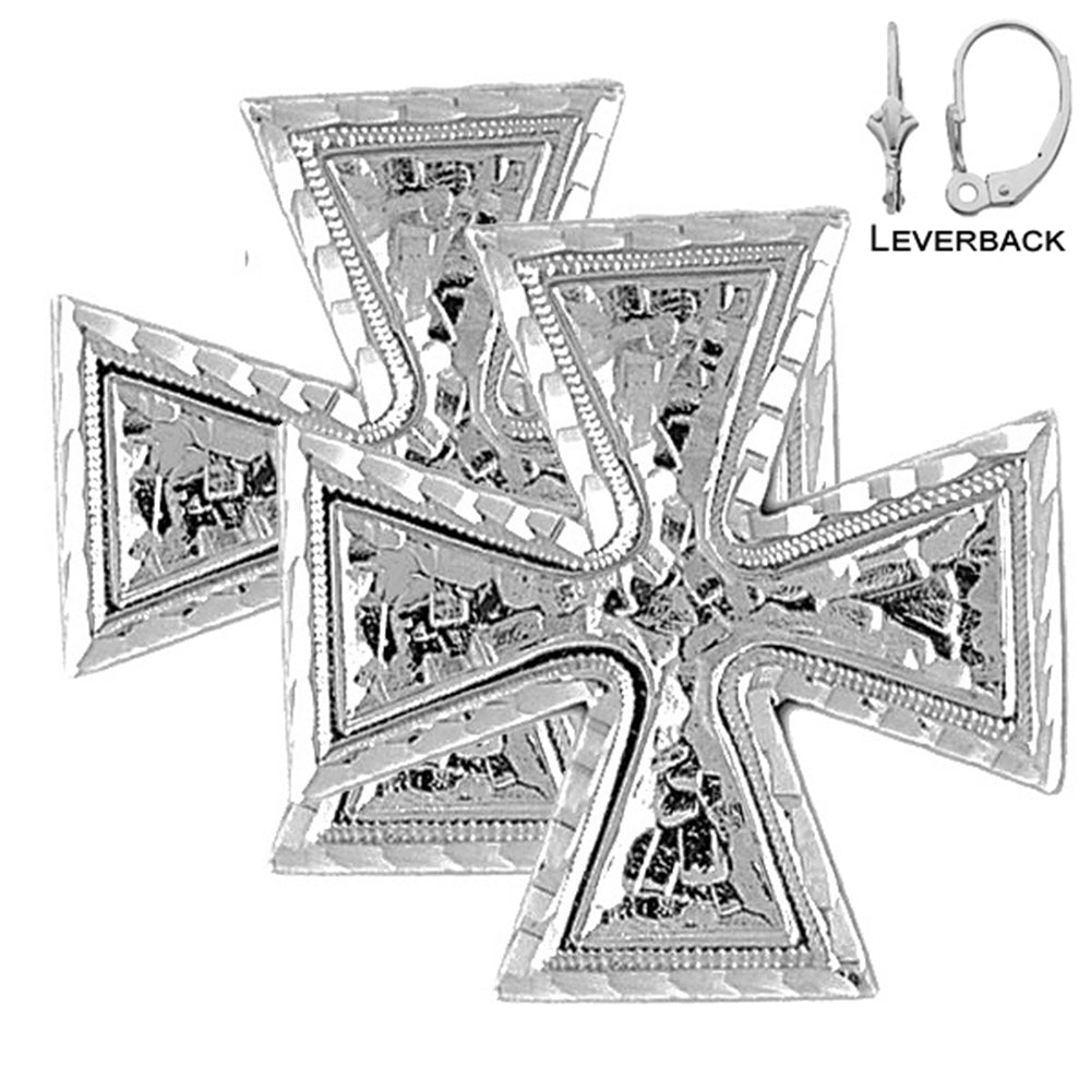 Sterling Silver 34mm Iron Cross Earrings (White or Yellow Gold Plated)