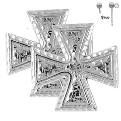 Sterling Silver 34mm Iron Cross Earrings (White or Yellow Gold Plated)