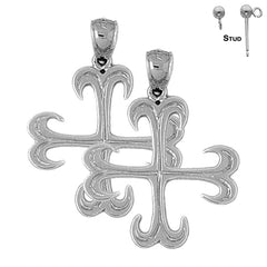 Sterling Silver 33mm Croix Ancree Cross Earrings (White or Yellow Gold Plated)