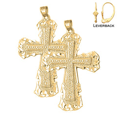 Sterling Silver 44mm Budded Cross Earrings (White or Yellow Gold Plated)