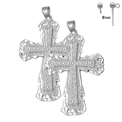Sterling Silver 44mm Budded Cross Earrings (White or Yellow Gold Plated)