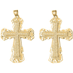 Yellow Gold-plated Silver 44mm Budded Cross Earrings
