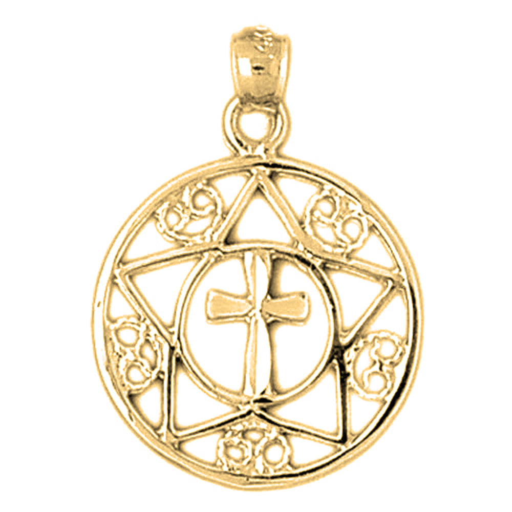 14K or 18K Gold Cross In Star and Circle Pendant