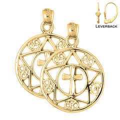 Sterling Silver 28mm Cross In Star and Circle Earrings (White or Yellow Gold Plated)