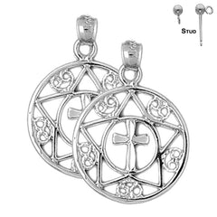 Sterling Silver 28mm Cross In Star and Circle Earrings (White or Yellow Gold Plated)