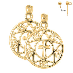 Sterling Silver 28mm Cross In Star and Circle Earrings (White or Yellow Gold Plated)