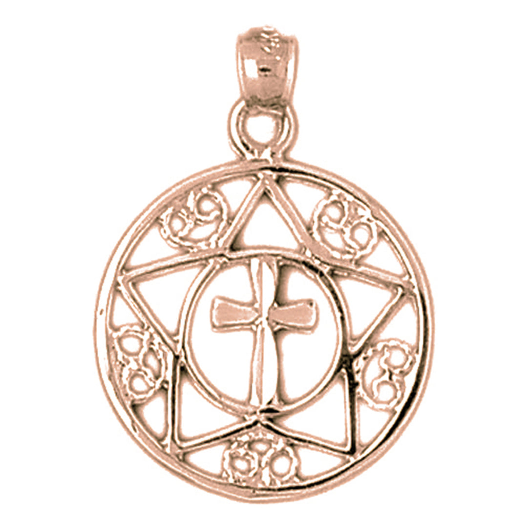 14K or 18K Gold Cross In Star and Circle Pendant