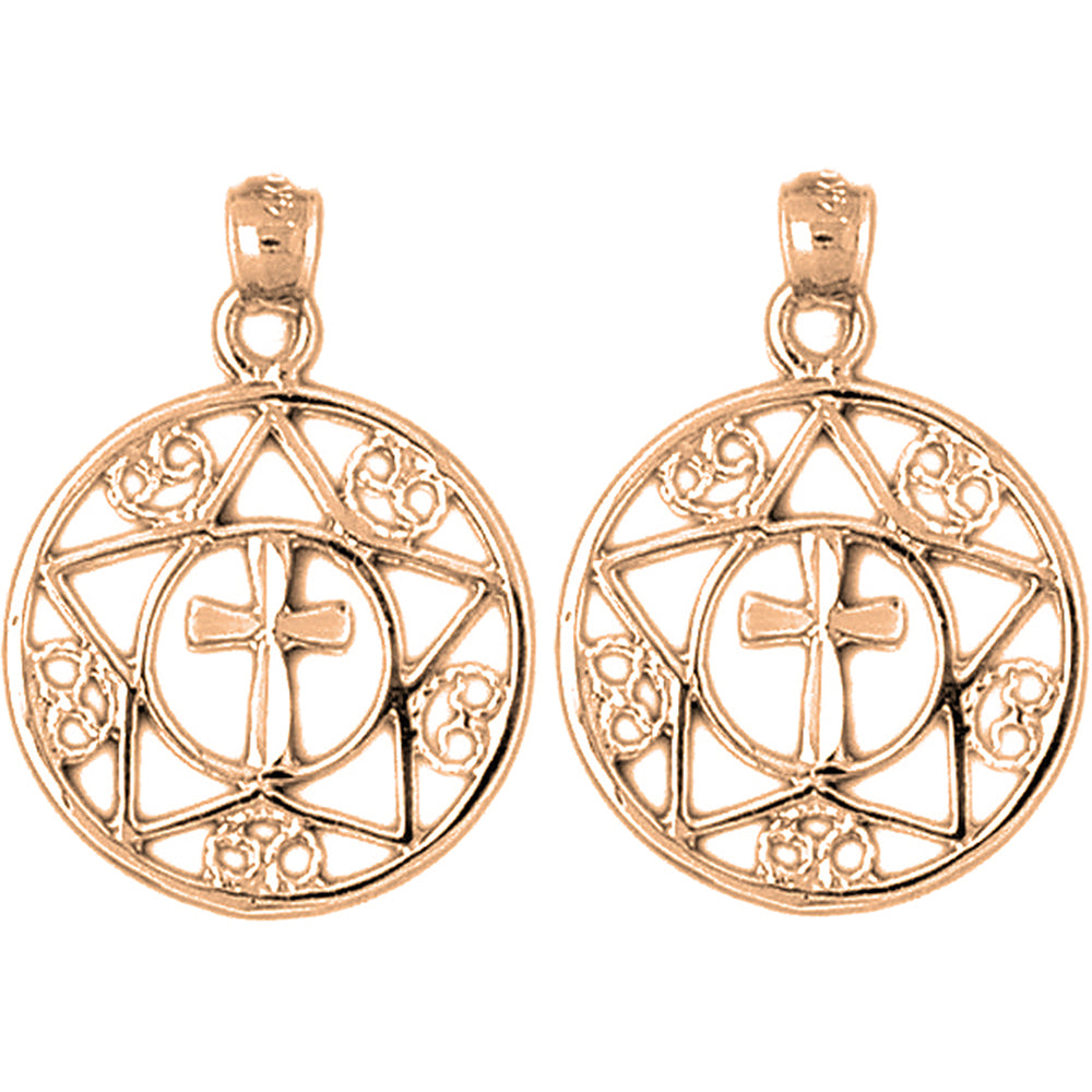 14K or 18K Gold 28mm Cross In Star and Circle Earrings