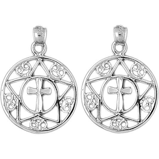 Sterling Silver 28mm Cross In Star and Circle Earrings