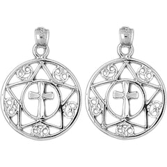 Sterling Silver 28mm Cross In Star and Circle Earrings