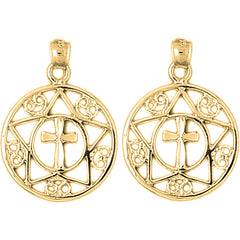 Yellow Gold-plated Silver 28mm Cross In Star and Circle Earrings