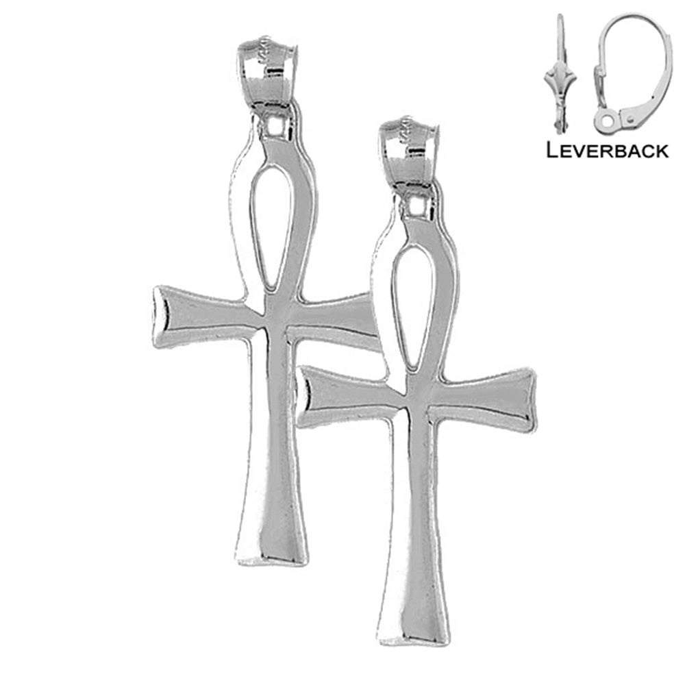 Sterling Silver 47mm Ankh Cross Earrings (White or Yellow Gold Plated)