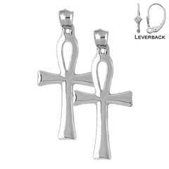 Sterling Silver 47mm Ankh Cross Earrings (White or Yellow Gold Plated)