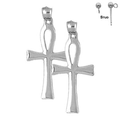 Sterling Silver 47mm Ankh Cross Earrings (White or Yellow Gold Plated)