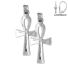 Pendientes de cruz Ankh de plata de ley de 33 mm (chapados en oro blanco o amarillo)