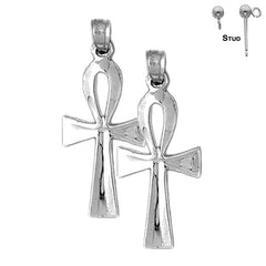 Sterling Silver 33mm Ankh Cross Earrings (White or Yellow Gold Plated)