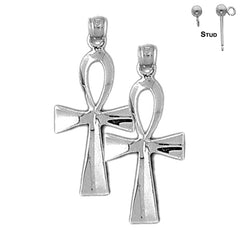 Sterling Silver 31mm Ankh Cross Earrings (White or Yellow Gold Plated)