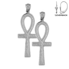 Sterling Silver 48mm Ankh Cross Earrings (White or Yellow Gold Plated)