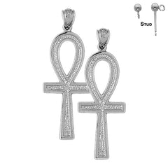 Sterling Silver 48mm Ankh Cross Earrings (White or Yellow Gold Plated)