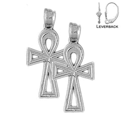Sterling Silver 26mm Ankh Cross Earrings (White or Yellow Gold Plated)