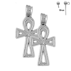 Sterling Silver 26mm Ankh Cross Earrings (White or Yellow Gold Plated)