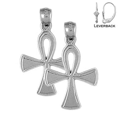 Sterling Silver 27mm Ankh Cross Earrings (White or Yellow Gold Plated)