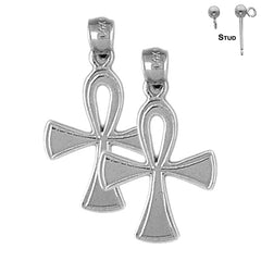 Sterling Silver 27mm Ankh Cross Earrings (White or Yellow Gold Plated)