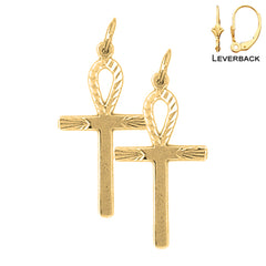 Sterling Silver 29mm Ankh Cross Earrings (White or Yellow Gold Plated)