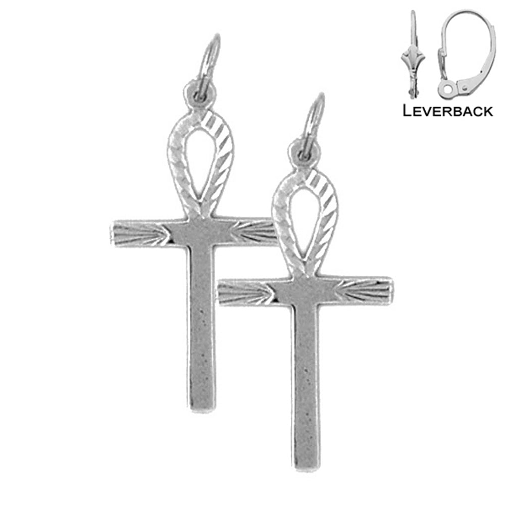 Sterling Silver 29mm Ankh Cross Earrings (White or Yellow Gold Plated)