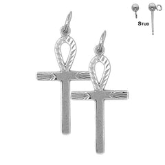 Sterling Silver 29mm Ankh Cross Earrings (White or Yellow Gold Plated)